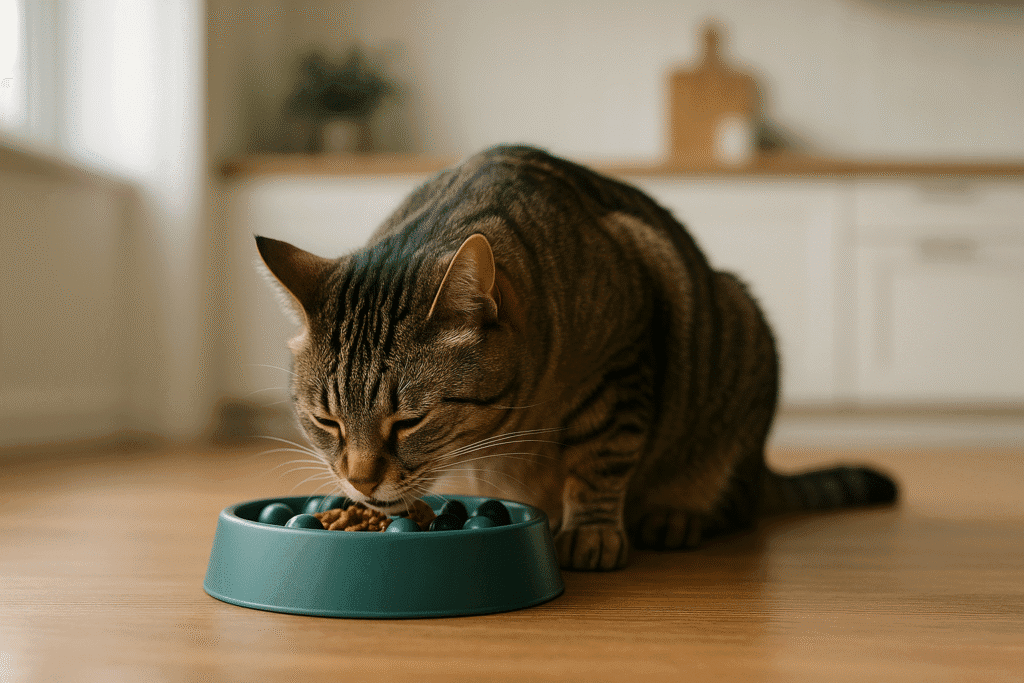 Tabby cat eating slowly from a modern slow-feeder bowl to reduce vomiting after meals