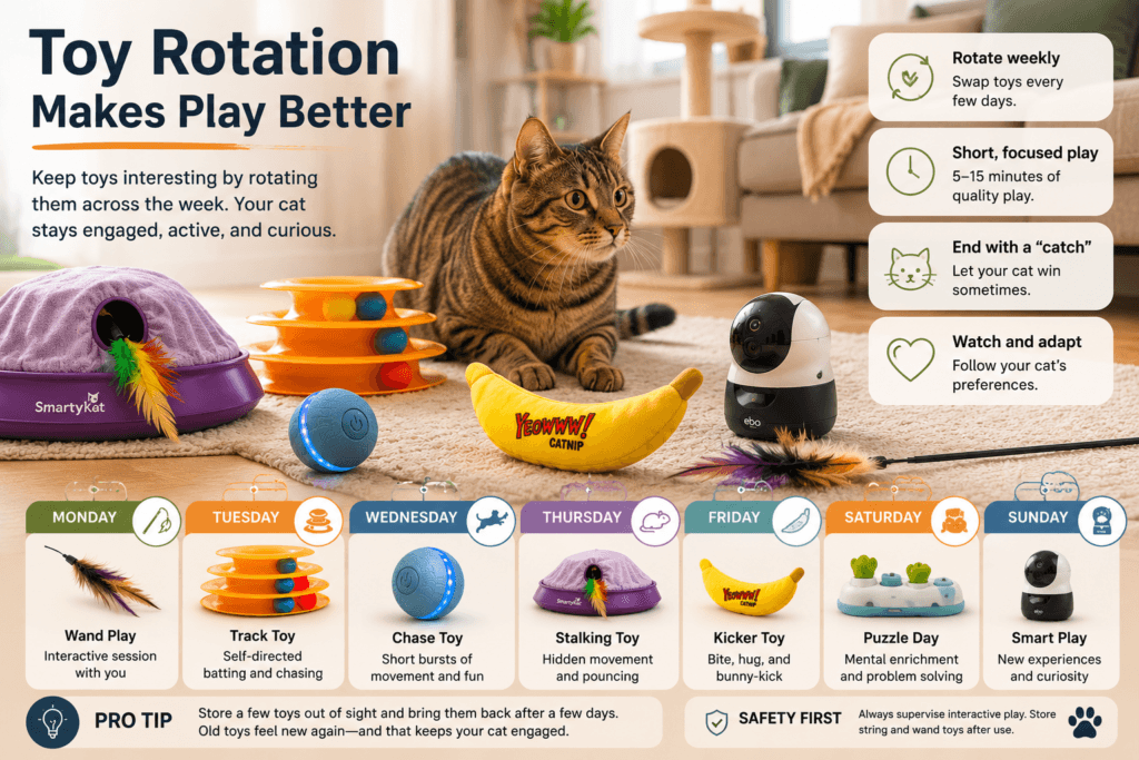 Indoor cat enrichment routine with different toys rotated across the week including a ball track, kicker toy, wand toy and smart pet robot