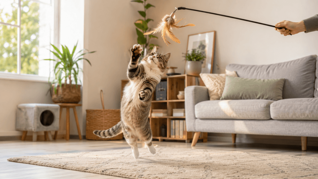 Indoor cat jumping after a feather wand toy during a flying-prey play session in a living room