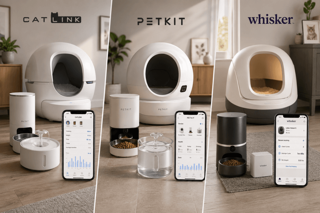 CATLINK, PETKIT and Whisker smart cat ecosystems shown side by side with litter boxes, feeders, fountains and app dashboards