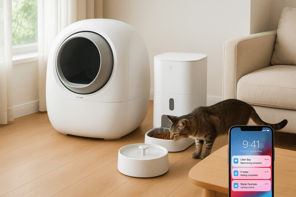 CATLINK smart cat ecosystem with litter box, feeder, and fountain connected to a mobile app