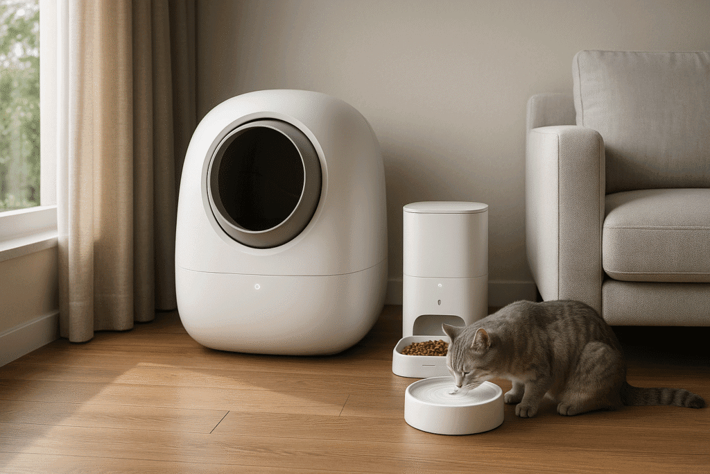Cat drinking from smart fountain next to integrated feeder and litter box in a CATLINK-style ecosystem