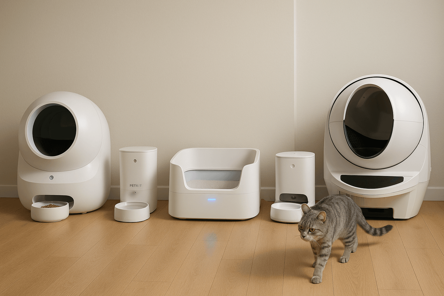 Comparison of CATLINK, PETKIT, and Whisker smart cat ecosystems with litter box, feeder, and fountain setups