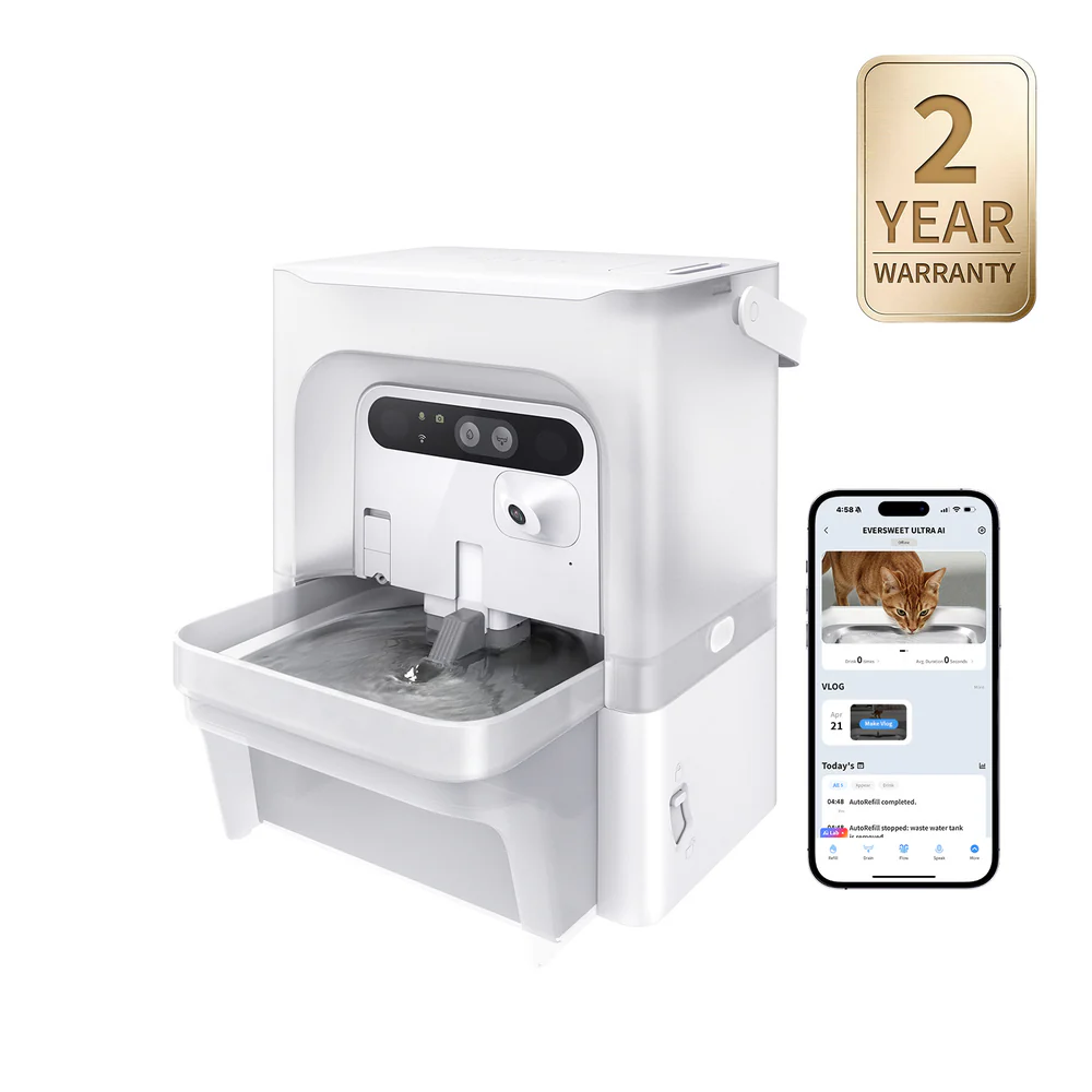 PETKIT EverSweet Ultra smart water fountain shown with camera monitoring and PETKIT app controls
