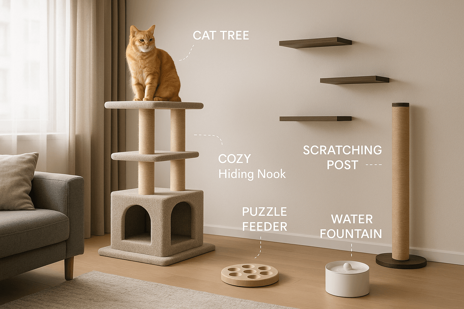 Modern indoor cat environment with vertical space, hiding spots and enrichment
