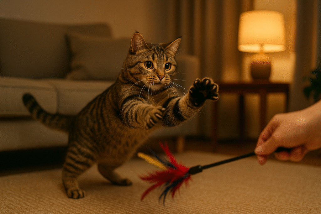 Indoor cat engaged in predatory play with a wand toy