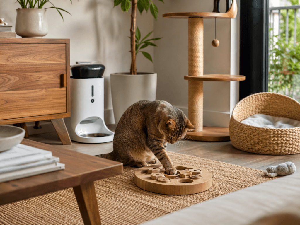 Cat using a wooden puzzle feeder beside an automatic feeder, cat tree and resting bed