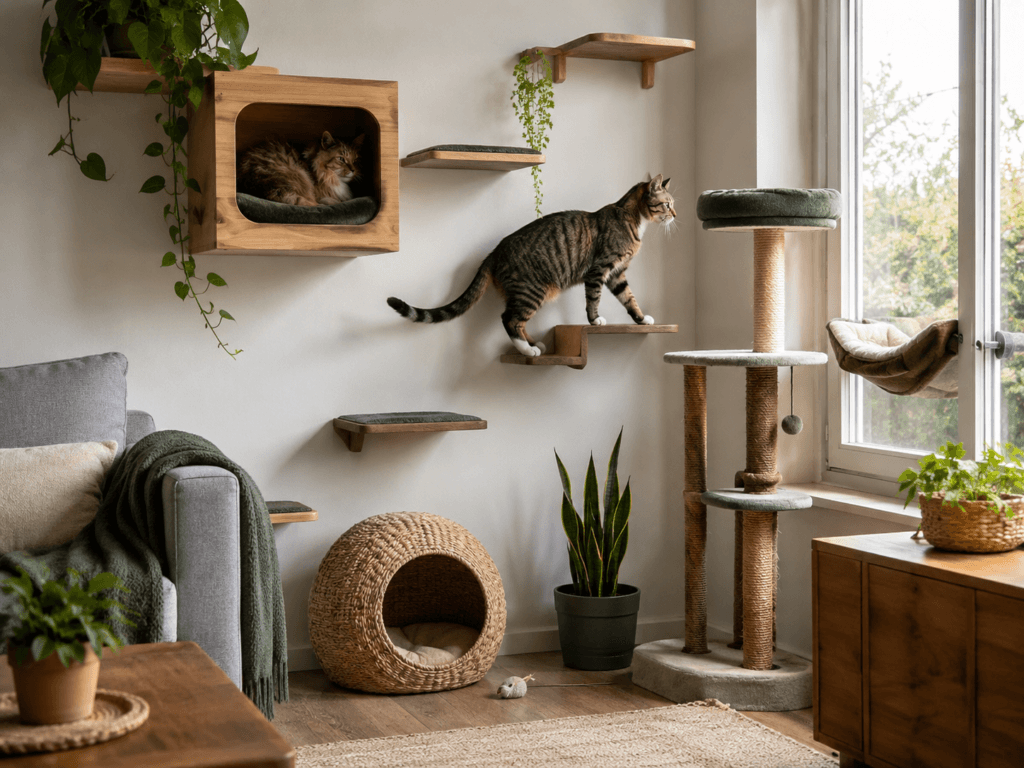 Two cats using wall-mounted shelves, an enclosed wooden hideaway and a cat tree near a window