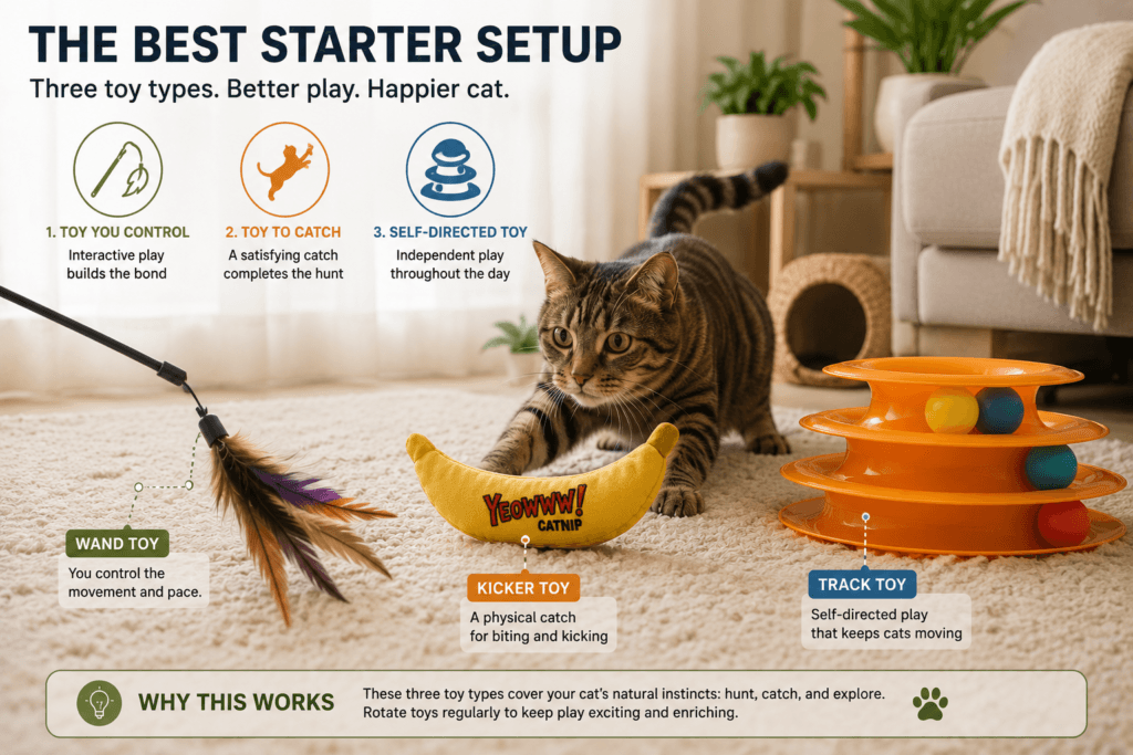 Indoor cat playing with a starter toy setup including a wand toy, a kicker toy and a passive track toy