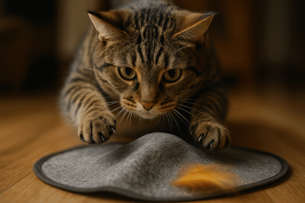 Tabby cat pouncing on a concealed motion interactive cat toy