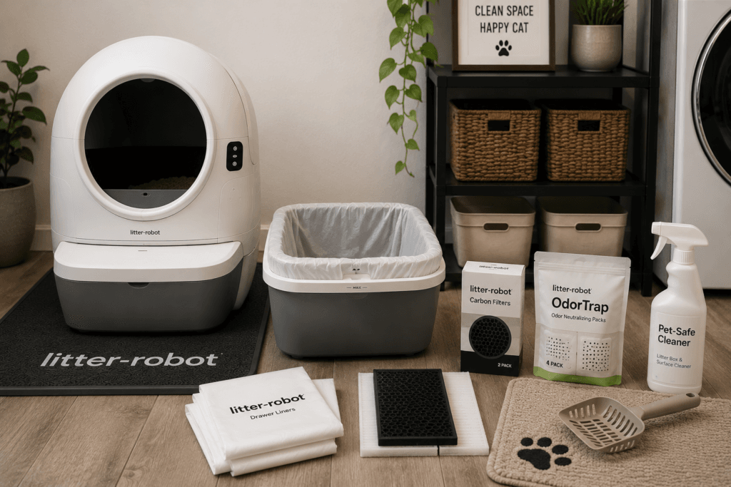 A clean litter box maintenance area with drawer liners, carbon filters, litter mat and cleaning supplies arranged neatly