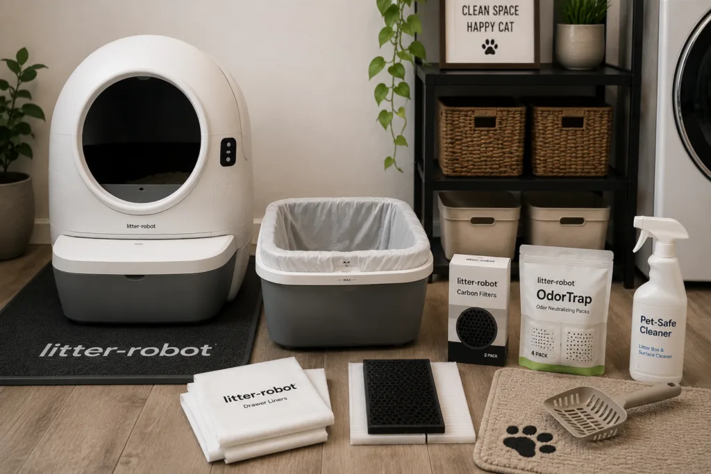 A clean litter box maintenance area with drawer liners, carbon filters, litter mat and cleaning supplies arranged neatly