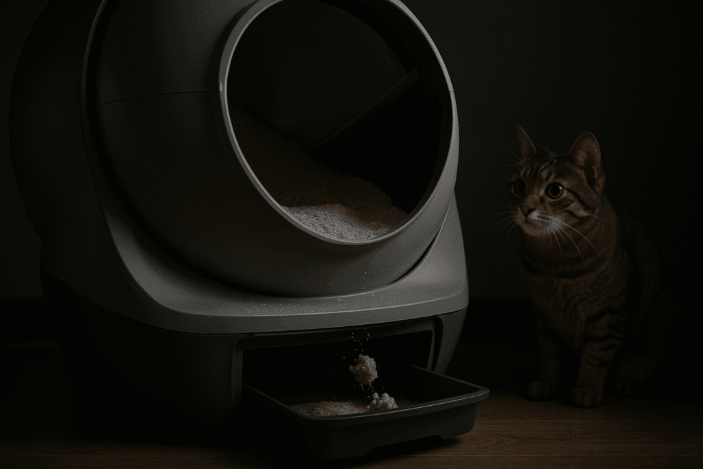 Litter-Robot EVO QuietSift cleaning cycle with cat observing
