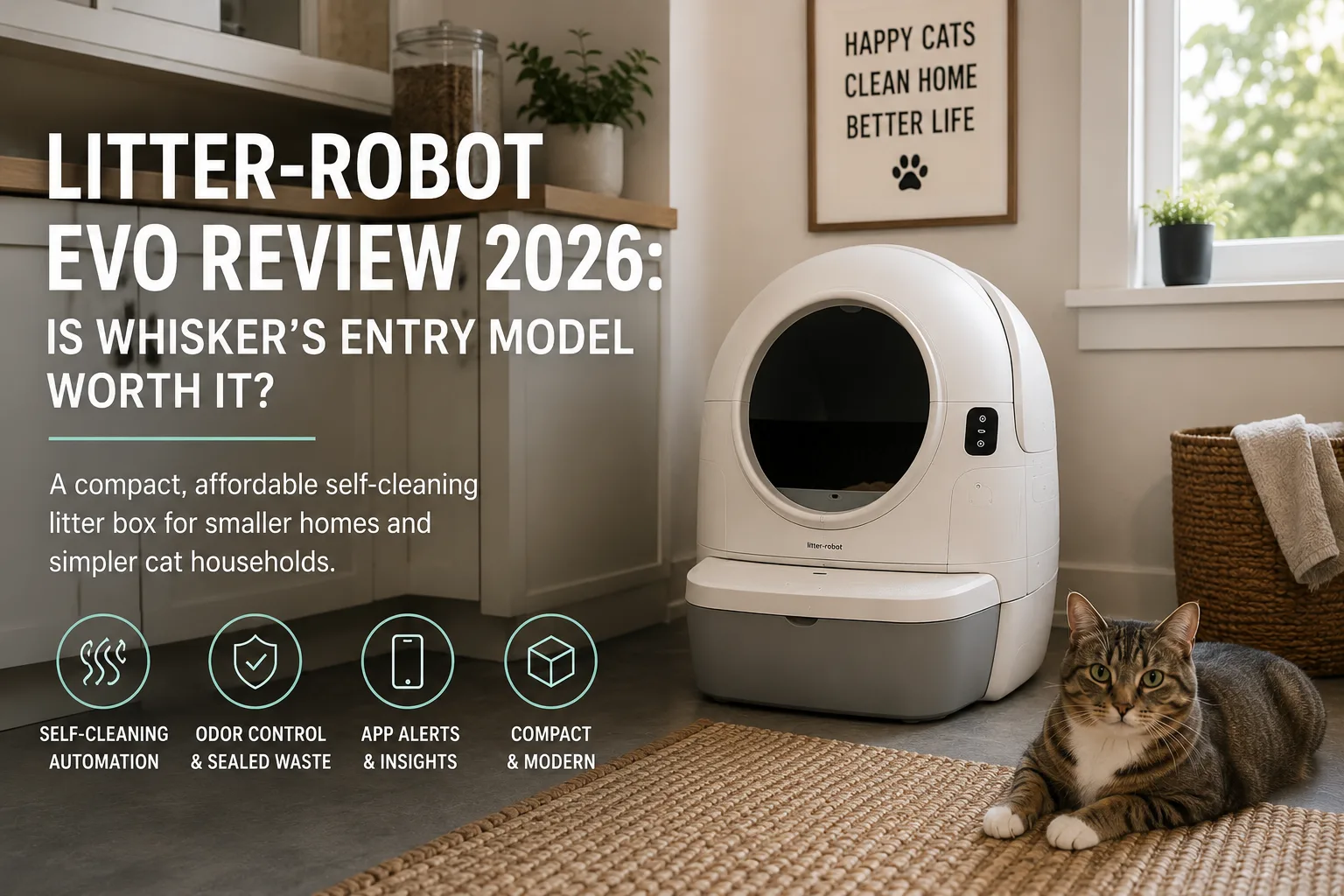 Litter-Robot EVO automatic self-cleaning litter box in a compact modern home with a cat nearby