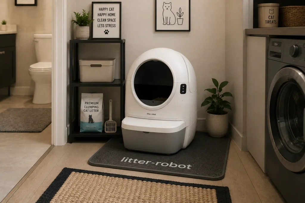 A compact apartment litter area with a Litter-Robot EVO style automatic litter box placed neatly in a small room