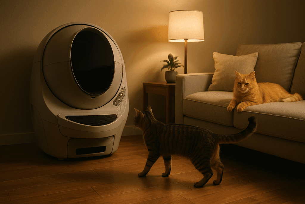 Two cats sharing a Litter-Robot EVO automatic litter box in a modern home