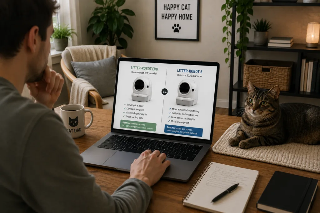 A cat owner comparing Litter-Robot EVO and Litter-Robot 5 options on a laptop while a cat sits nearby