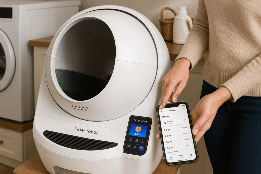 Litter-Robot EVO LCD display and Whisker app showing litter box usage data