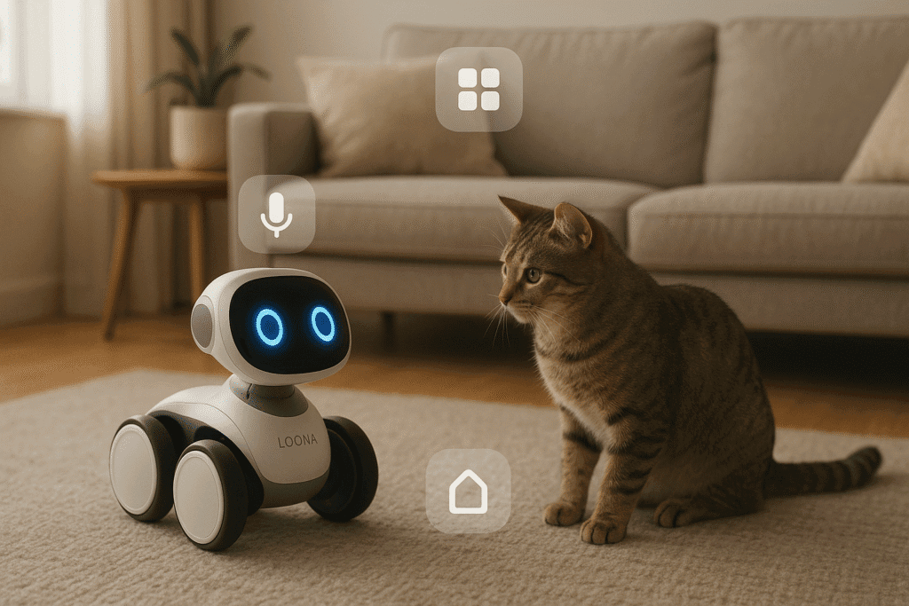 Loona robot engaging a cat in a living room.