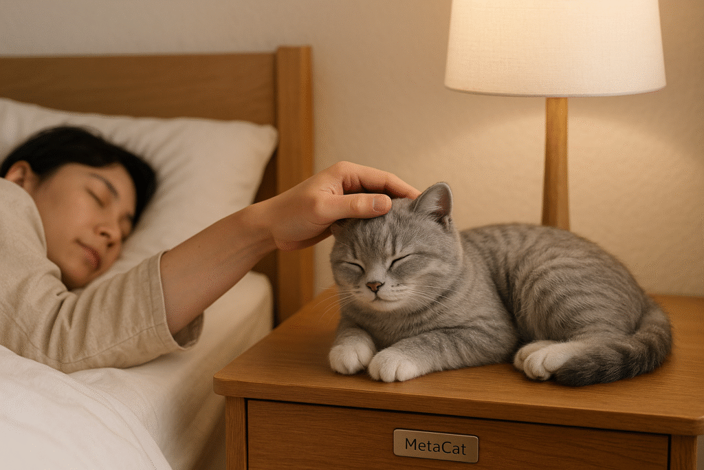 Calm bedroom; metaCat robotic cat purring on side table; person gently petting. One of the top AI cat companions 2025.