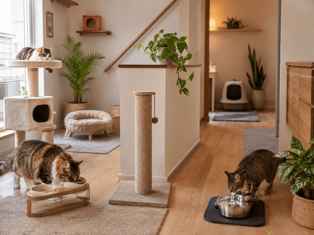 Three cats using separate feeding, drinking and litter areas in a multi-cat home