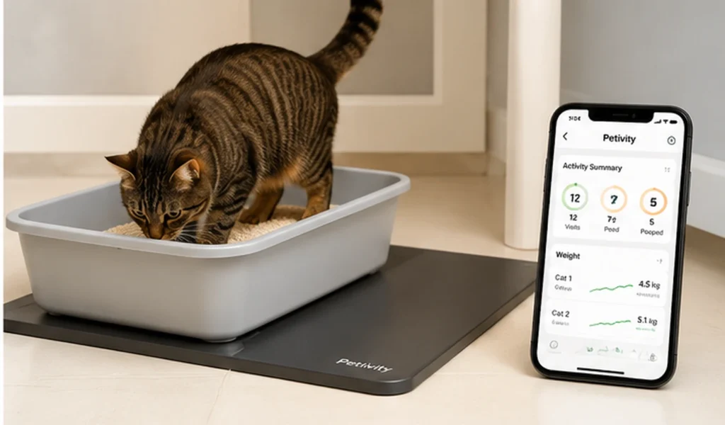 Cat using a conventional litter box placed on a smart under-box monitoring platform