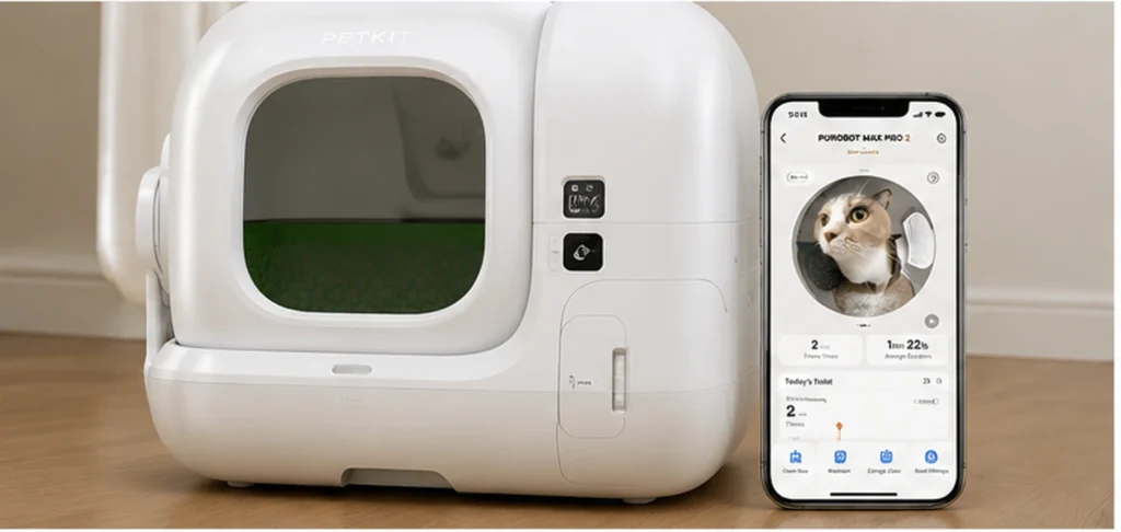 Camera-equipped automatic litter box shown beside a smartphone with individual cat visit records