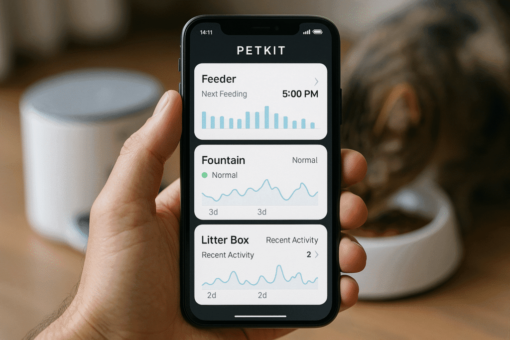 PETKIT app managing smart cat feeder, fountain, and litter box in one dashboard