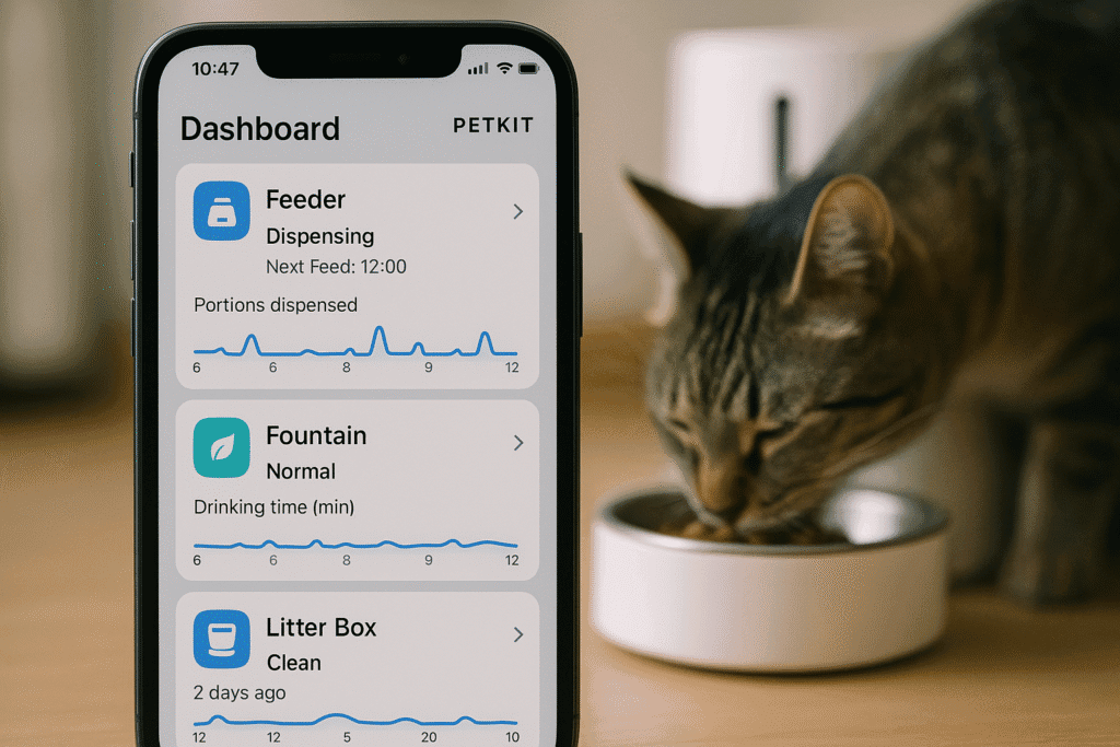 PETKIT app dashboard controlling a connected cat feeder, fountain, and litter box