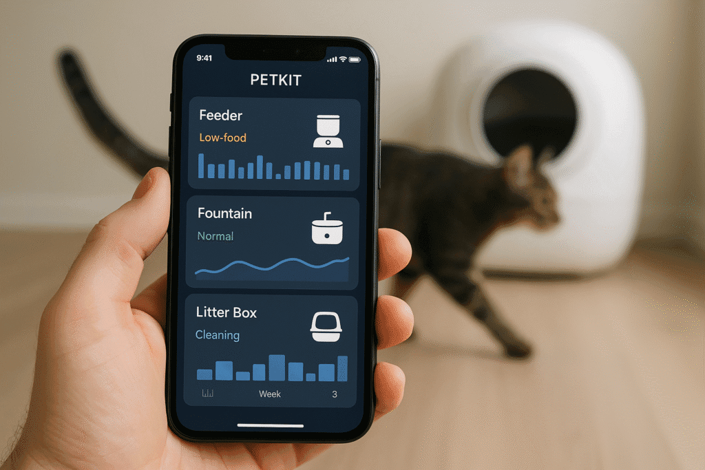 PETKIT app showing connected feeder, fountain, and litter box in a smart cat ecosystem