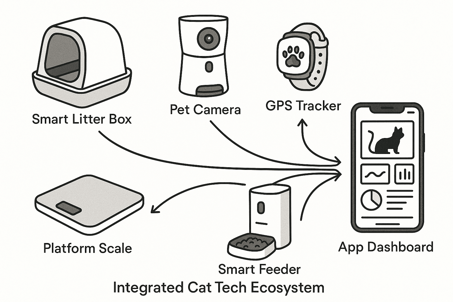 Diagram of a PetTech ecosystem connecting litter, scale, camera, and tracker.