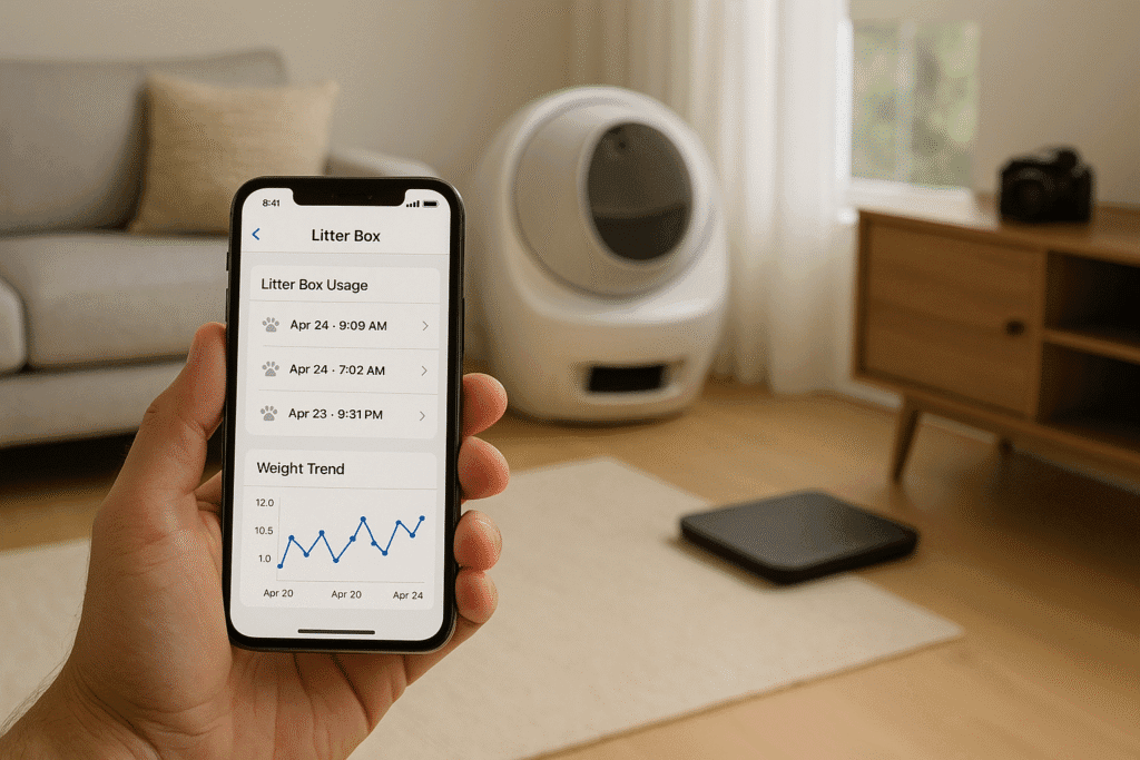 Home setup of a PetTech ecosystem 2025 with live data on phone
