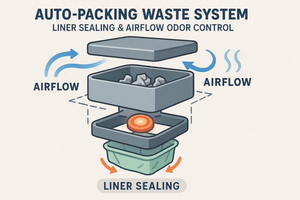 Auto-packing waste system of the Purobot Ultra Automatic Cat Litter Box 2025.