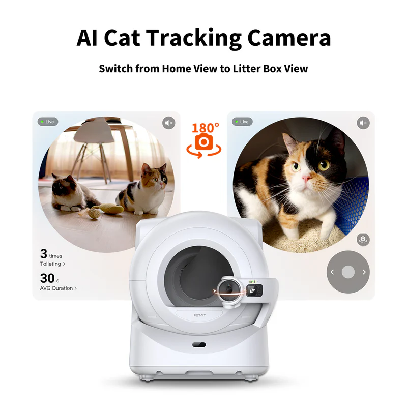 PETKIT Purobot Ultra rotating AI camera switching between room monitoring and litter box views.