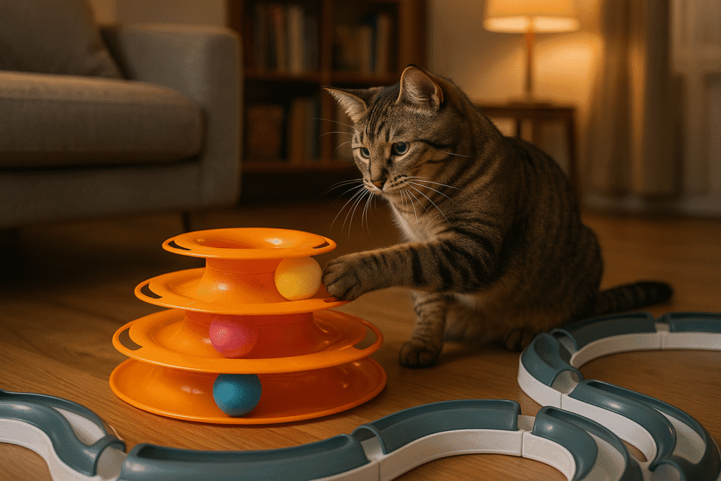Indoor cat using tower and track puzzle toys for enrichment