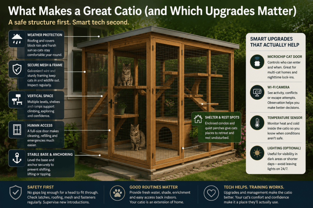 Wooden outdoor cat enclosure showing secure mesh, covered roof, vertical platforms, human access and sheltered resting areas