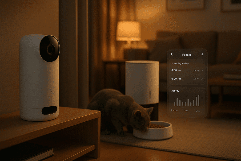 Smart pet camera and automatic feeder monitoring a cat prone to vomiting after eating