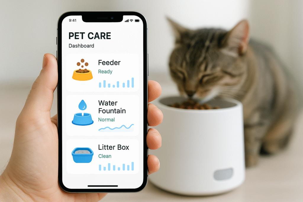 Smartphone app dashboard showing connected cat feeder, fountain, and litter box data