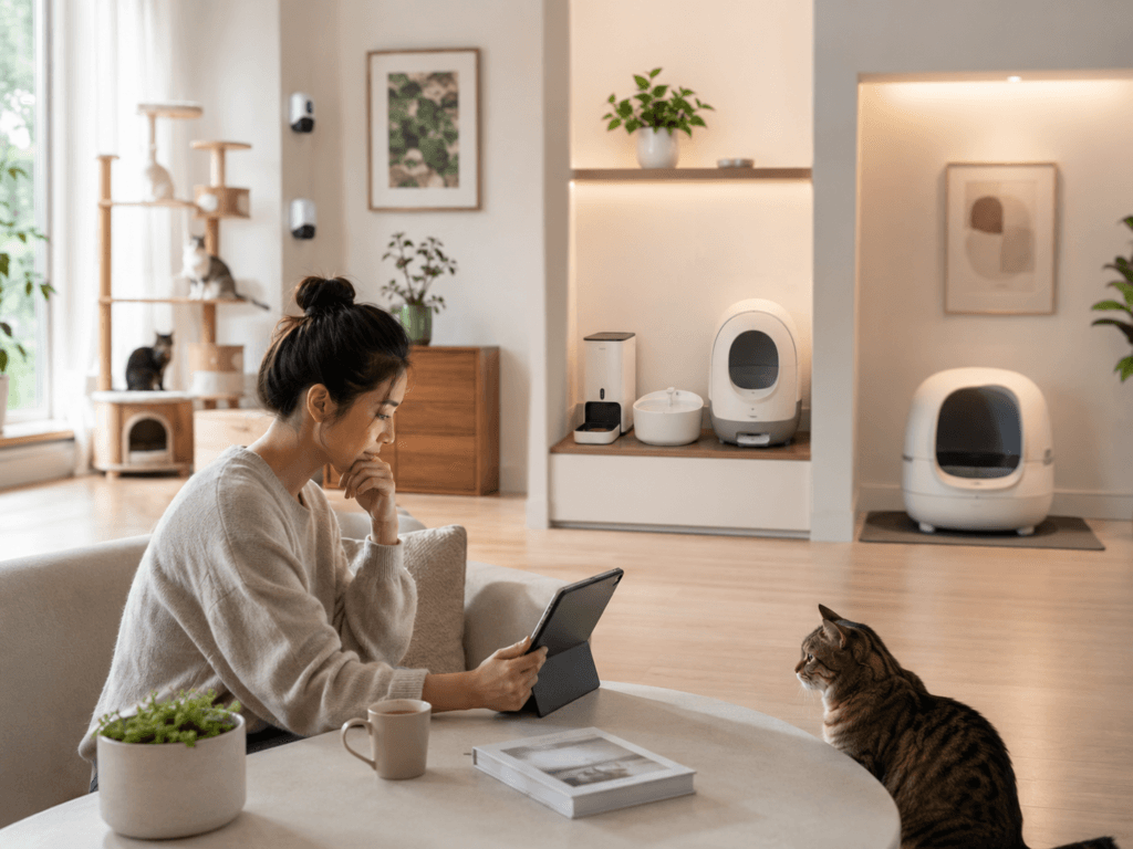 Cat owner comparing smart cat ecosystem options at home with litter boxes, feeders, fountains and monitoring devices in the background