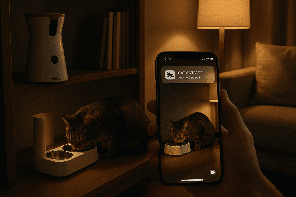 Smart litter box, feeder, and fountain with overlay showing toilet, feeding, and drinking stats