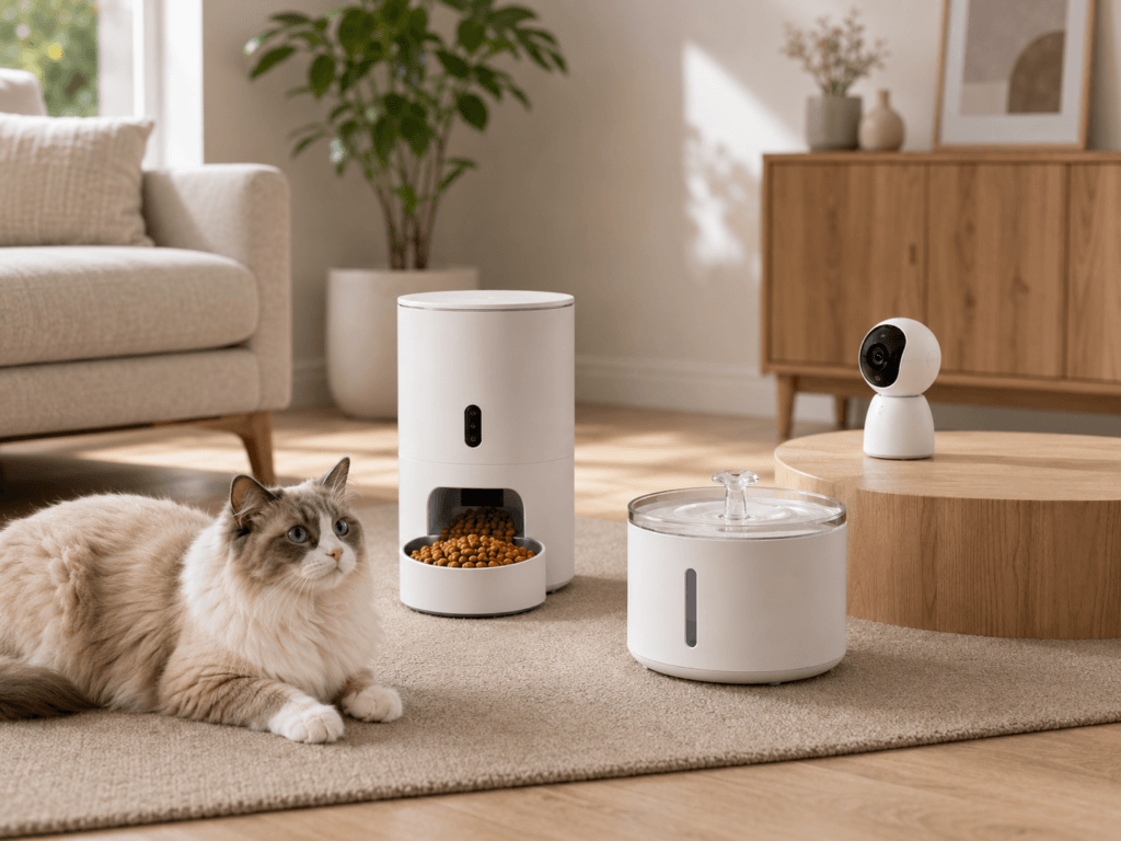Smart cat ecosystem with a cat, automatic feeder, water fountain and pet camera in a modern living room.