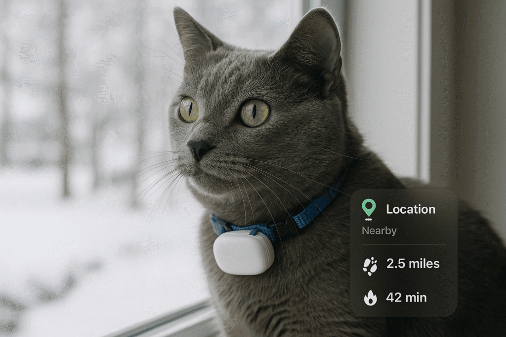 Grey cat wearing a GPS tracker collar with activity stats overlay