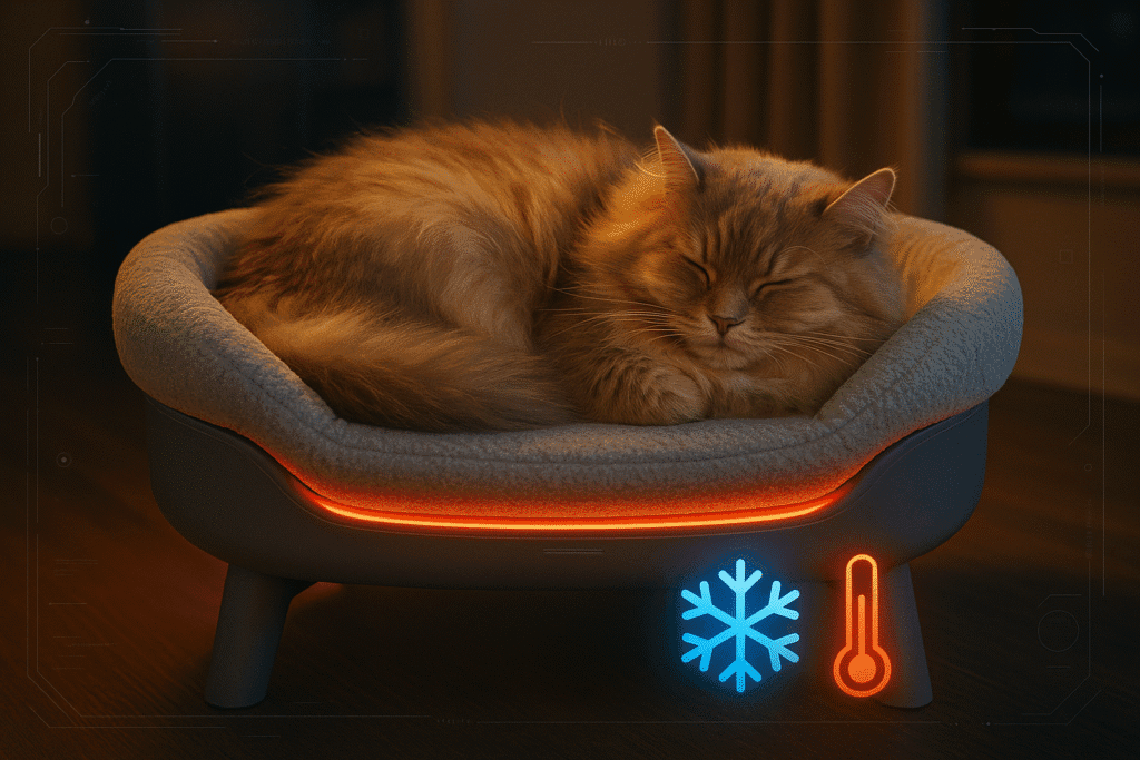Cat sleeping in a smart heated bed.