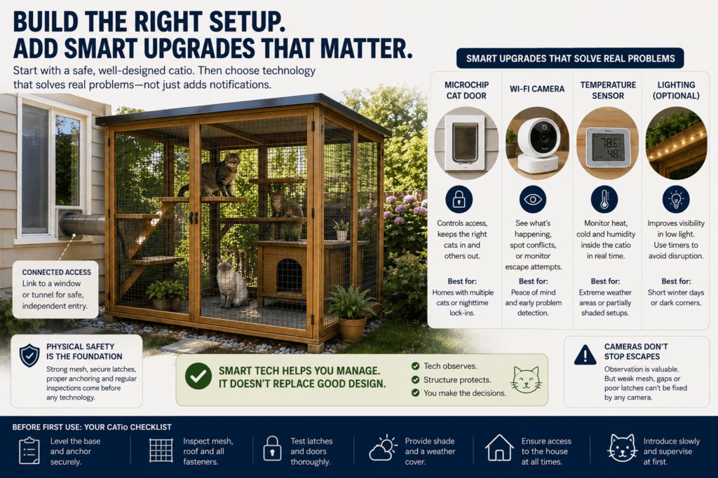 Window-connected catio with a microchip door, security camera, temperature sensor and optional lighting