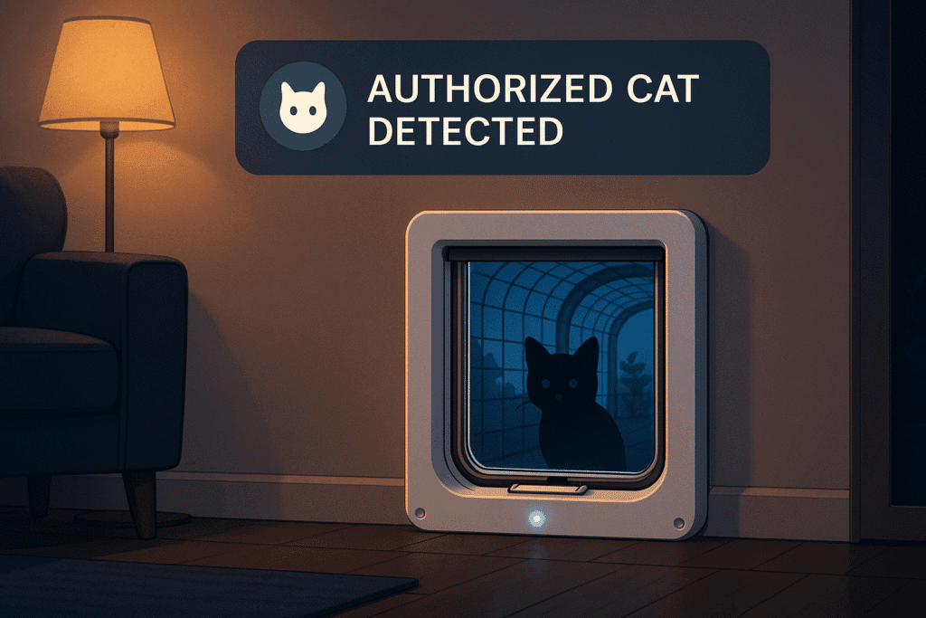 Microchip pet door enabling controlled access to a catio.