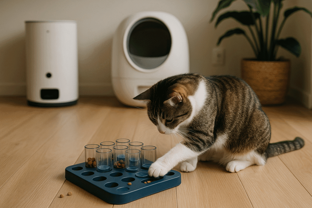 Indoor cat using puzzle feeder alongside smart pet devices in a modern home