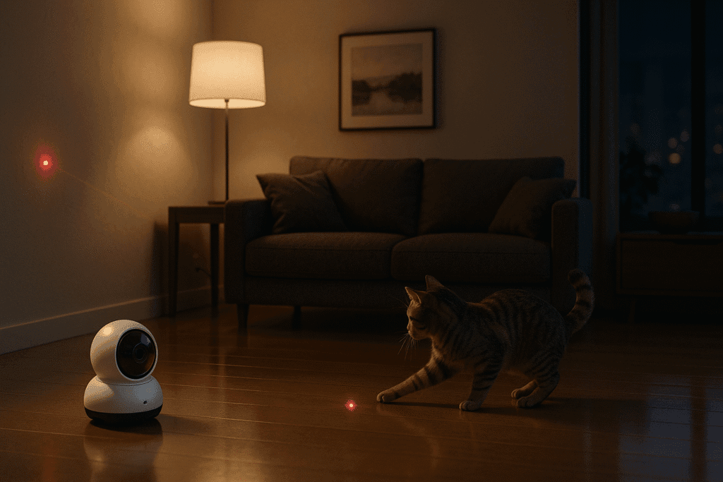 Cat interacting with smart robot and laser toy in a modern home