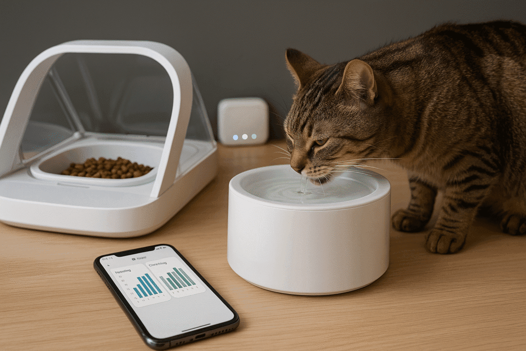 Sure Petcare microchip feeder and smart fountain connected through a hub for feeding and hydration tracking