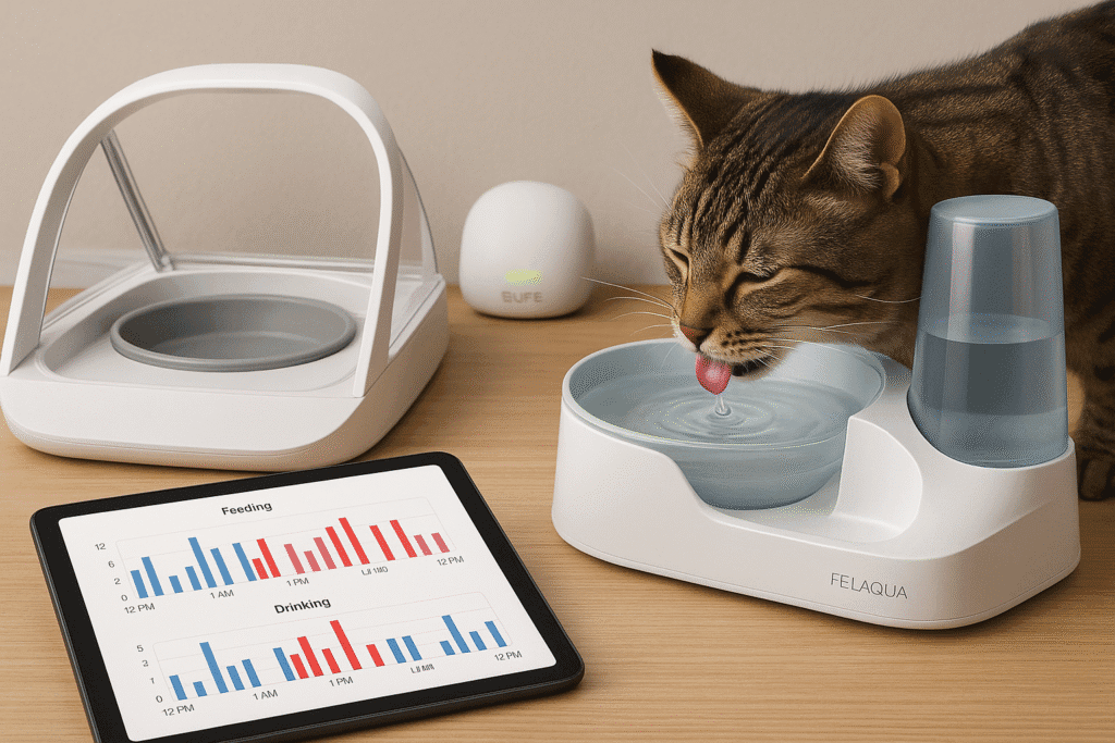 Sure Petcare microchip feeder and smart fountain linked through a hub for per-cat feeding and hydration data