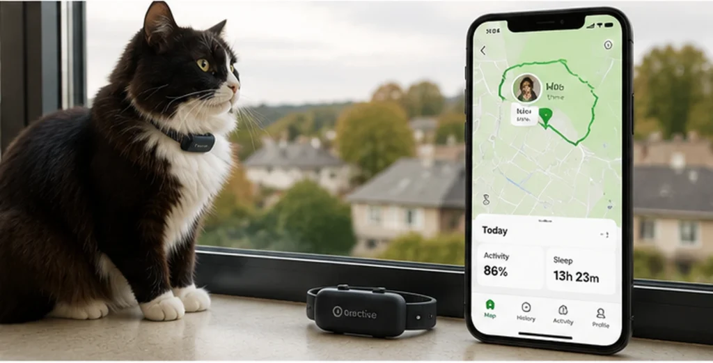 Cat wearing a GPS activity tracker beside a smartphone displaying location and sleep data